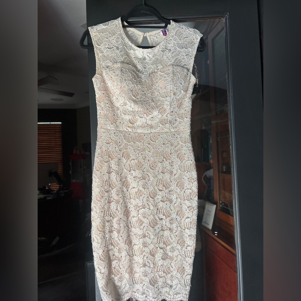 Sleeveless Ivory Lace Midi Dress with Sequin Accents